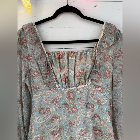 70s Vintage Gunne Sax Style Cream Pink Turquoise Floral Empire Waist Dress M - Picture 2 of 4